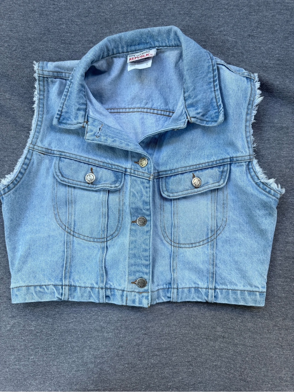 Vintage 90s Denim Republic Cropped Light Wash Jean Vest Made in USA Womens Small